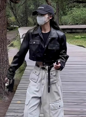 百搭黑色POLO翻领机车皮衣短款外套女秋冬季新款炸街个性夹克上衣