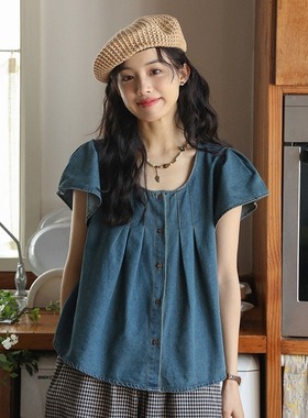 法式复古飞飞袖牛仔衬衫女2025夏季新款小个子宽松百搭别致衬衣