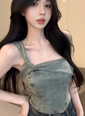 辣妹斜肩无袖抹胸上衣设计感外穿