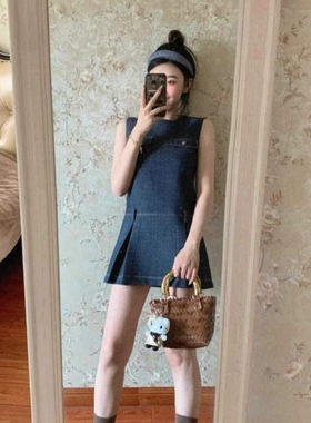 复古蓝色无袖背心牛仔短裙子夏季气质设计高级感小个子连衣裙女