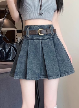 蓝色复古牛仔百褶裙女小个子春夏新款显瘦高腰A字设计感半身短裙