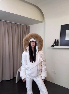 韩版收腰大毛领白色棉服女冬季新款美式酷潮时尚加厚小众短款外套