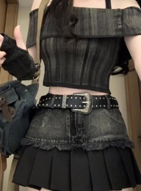 美式复古辣妹高腰显瘦a字阔腿半身裙子ins潮水洗拼接百褶牛仔裙女