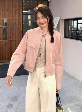 小个子粉色短款机车夹克上衣秋季2025韩系百搭宽松休闲上衣外套女