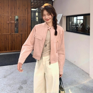 小个子粉色短款 2025韩系百搭宽松休闲上衣外套女 机车夹克上衣秋季