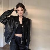小众宽松机车服皮夹克上衣 新款 美式 复古黑色翻领皮衣外套女秋冬季
