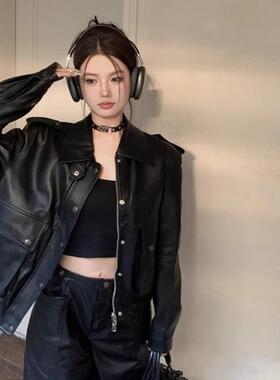 美式复古黑色翻领皮衣外套女秋冬季新款小众宽松机车服皮夹克上衣