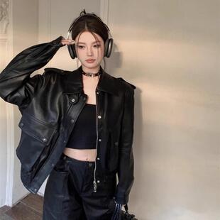 小众宽松机车服皮夹克上衣 新款 美式 复古黑色翻领皮衣外套女秋冬季