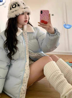 高级感浅蓝色毛领棉服女冬季2025新款小个子加厚保暖短款棉衣外套