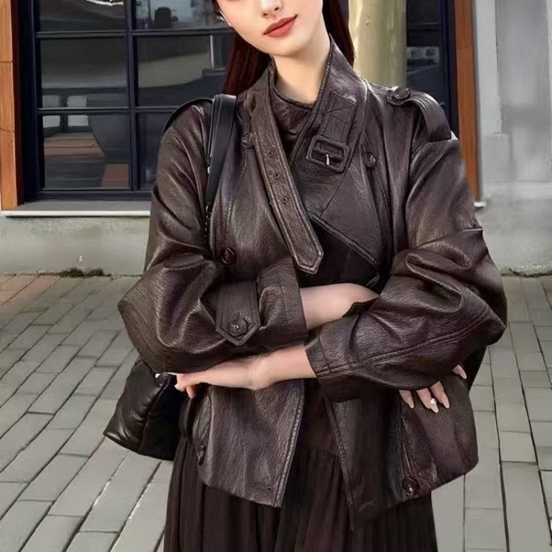 复古港风棕色立领PU皮衣女春秋新款气质英伦风宽松休闲皮夹克外套,女装/女士精品,皮衣,淘宝优惠券,粉丝福利购,淘宝优惠卷