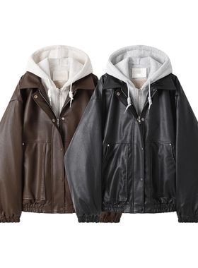 美式复古酷飒风假两件连帽棕色PU皮衣长袖外套女冬季加绒短款夹克
