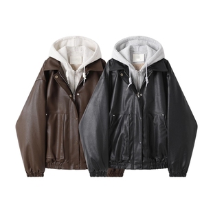 美式复古酷飒风假两件连帽棕色PU皮衣长袖外套女冬季加绒短款夹克