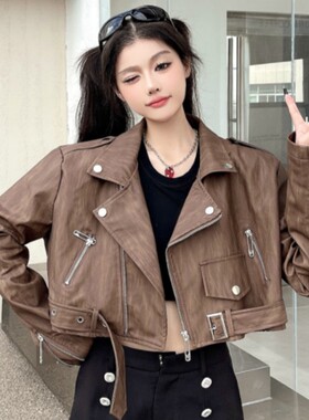 美式长袖西装领PU皮机车服夹克女