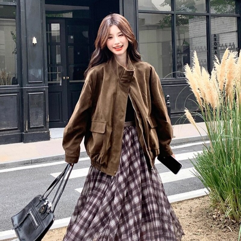 巨好看的棕色麂皮宽松休闲外套女