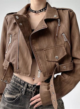 美式复古时尚流行酷飒风皮衣外套女春秋街头小个子宽松短款皮夹克