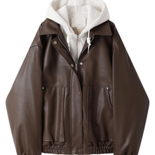复古美式假两件连帽棕色皮衣外套女冬季大码胖mm加绒短款长袖夹克