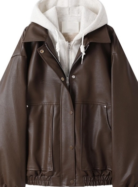 复古美式假两件连帽棕色皮衣外套女冬季大码胖mm加绒短款长袖夹克