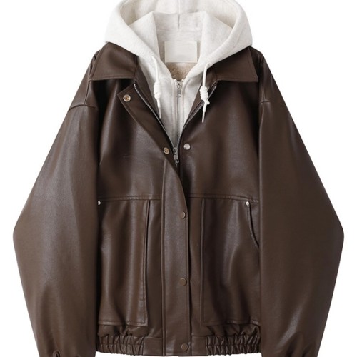 假两件连帽棕色加绒短款长袖夹克