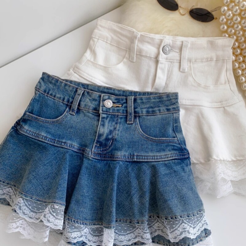 辣妹美式百搭高腰半身裙女包臀蕾丝花边包臀荷叶边短裙牛仔穿搭女