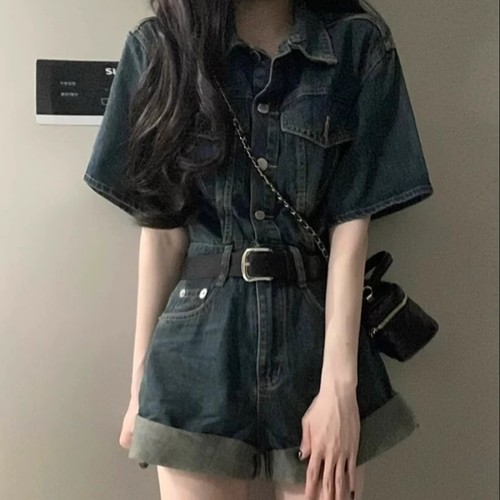 牛仔连体裤设计感阔腿卷边短裤女