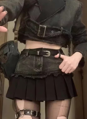 复古甜辣牛仔拼接设计感不规则2025夏季款高腰显瘦短裙子百褶裙女