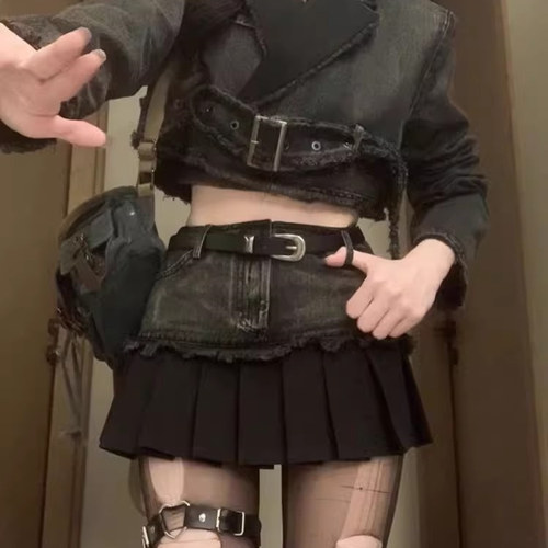复古辣妹夏季牛仔拼接裙高腰显瘦