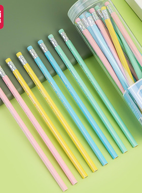 得力HC115纯色系桶装2B/HB铅笔30支三角杆自带橡皮儿童写字笔