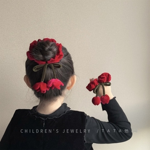 新年发饰高级感儿童红色花朵发圈女童头饰丸子头大肠发绳花朵发夹