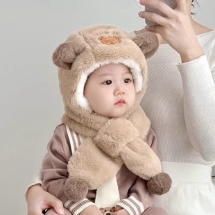 女童帽子围巾一体帽冬宝宝儿童防风秋冬季婴儿男孩毛绒护耳帽可爱