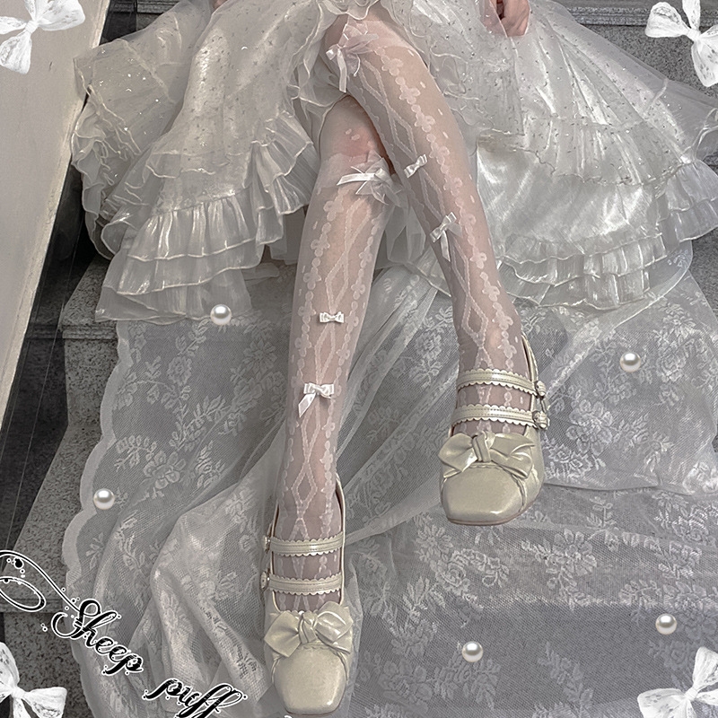 过膝袜lolita日系洛丽塔蝴蝶结交叉印花甜美绑带白色丝袜女夏季
