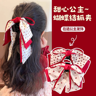 新年女童在逃公主头饰过年小女孩红色蝴蝶结发夹儿童盘发抓夹发饰
