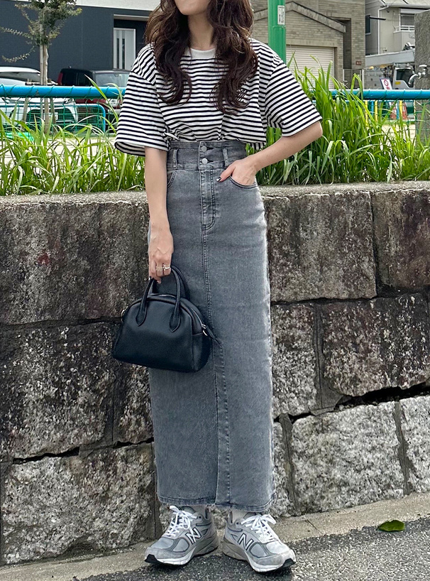 日系GRL两粒扣高腰复古显瘦前开叉设计包臀牛仔中长半身裙子