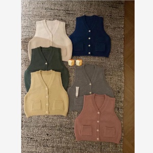 早秋韩系马卡龙色V领松软单排扣甜美叠穿糯叽叽毛线针织马甲背心