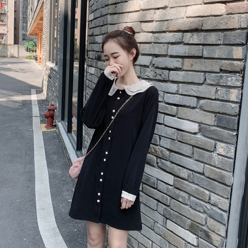 法式小黑裙女秋装复古新款裙子中长款黑色娃娃领长袖衬衫连衣裙,女装/女士精品,连衣裙,淘宝优惠券,粉丝福利购,淘宝优惠卷