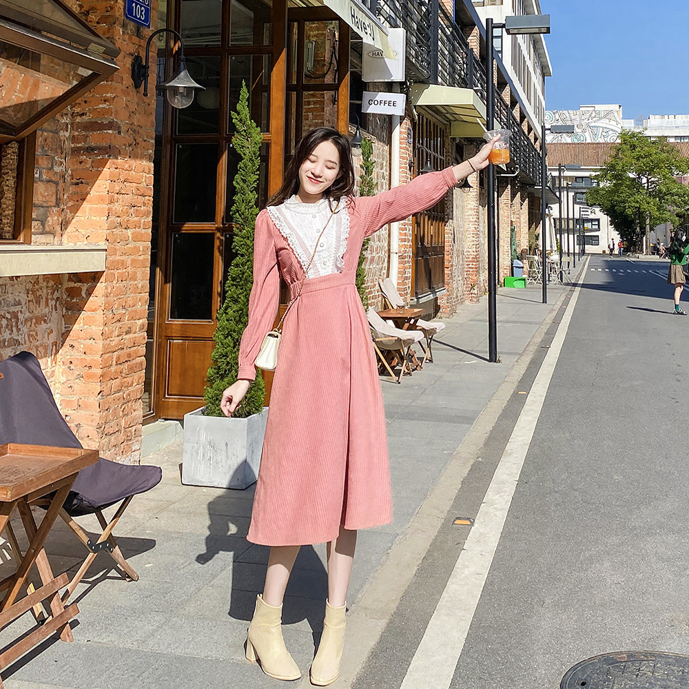 法式桔梗复古灯芯绒连衣裙女秋冬气质显瘦打底裙别致蕾丝内搭长裙,女装/女士精品,连衣裙,淘宝优惠券,粉丝福利购,淘宝优惠卷