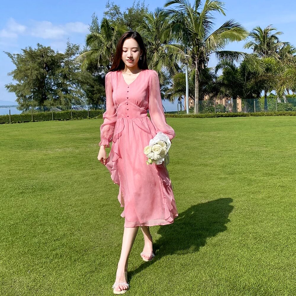 法式不规则荷叶边连衣裙女