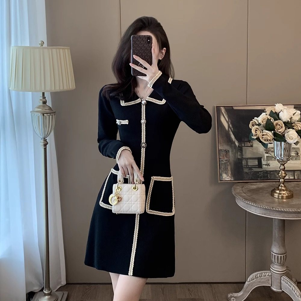 显瘦设计感小众黑色小香风连衣裙