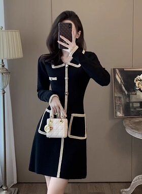 法式复古赫本风针织裙子女早春季显瘦设计感小众黑色小香风连衣裙