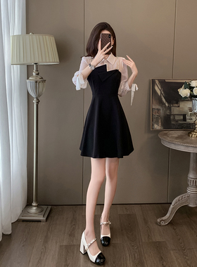 法式桔梗假两件裙子女早秋修身显瘦黑色小个子短款七分袖连衣裙