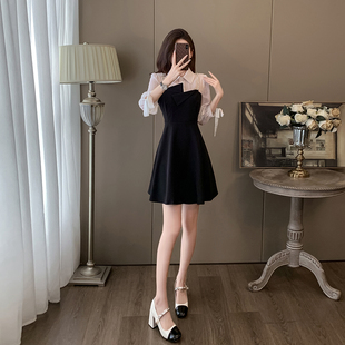 法式桔梗假两件裙子女早秋修身显瘦黑色小个子短款七分袖连衣裙
