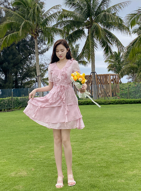 紫色荷叶边晕染连衣裙女夏季法式显瘦不对称可甜可盐仙气质V领裙