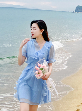 法式仙女轻盈天丝蓝色连衣裙女夏海边渡假风V领短袖高腰收腰裙子