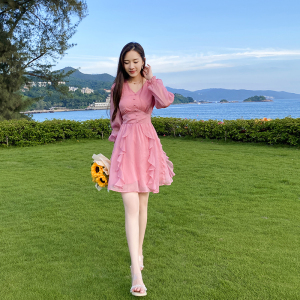 法式不规则荷叶边连衣裙女秋