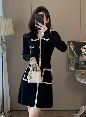 法式高级感独特超好看针织裙女春秋气质高端精致黑色小香风连衣裙