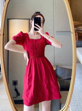 VISA薇莎 法式复古小红裙女夏季泡泡袖方领裙子赫本风红色连衣裙