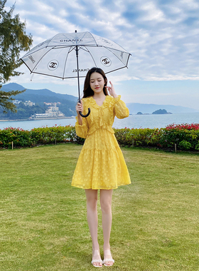 荷叶边茶歇仙气v领连衣裙女春秋季新款收腰a字短裙又甜又辣黄色裙