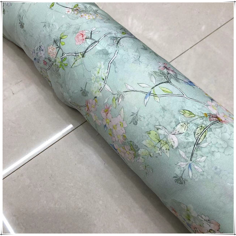 苏州鸿成桑蚕丝提花布料喷绘印花19姆米真丝缎旗袍连衣裙丝绸面料