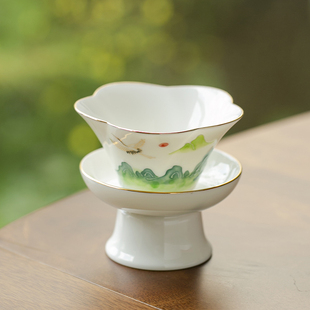 手绘羊脂玉瓷茶漏茶滤釉下彩陶瓷滤布过滤网滤茶器茶隔茶道零配件