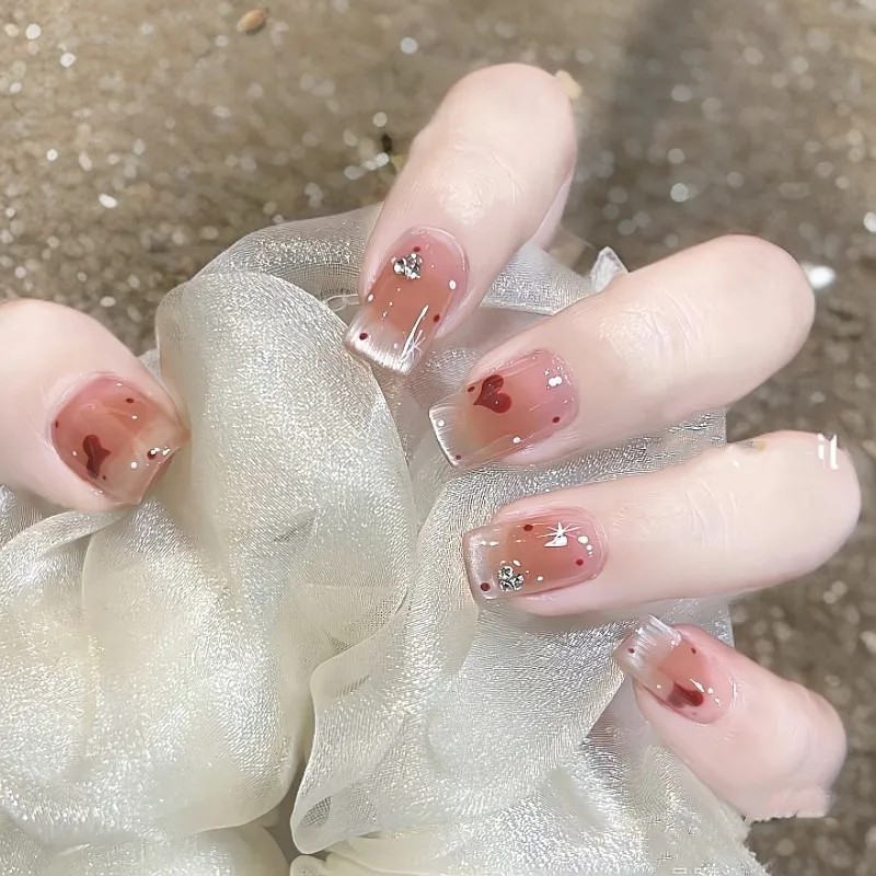 纯手工穿戴甲短款冰透波点蝴蝶结