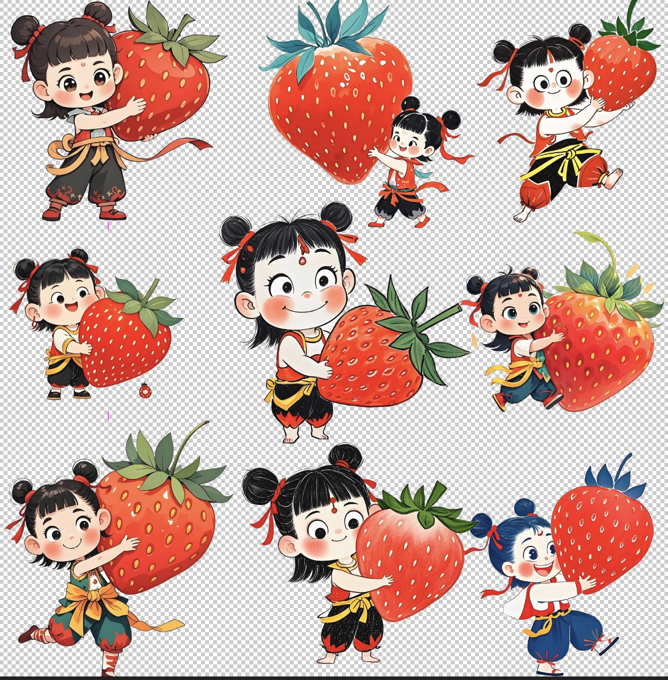 哪吒卡通拿草莓插画表情q版热转印服装T恤烫画印花免扣图素材png